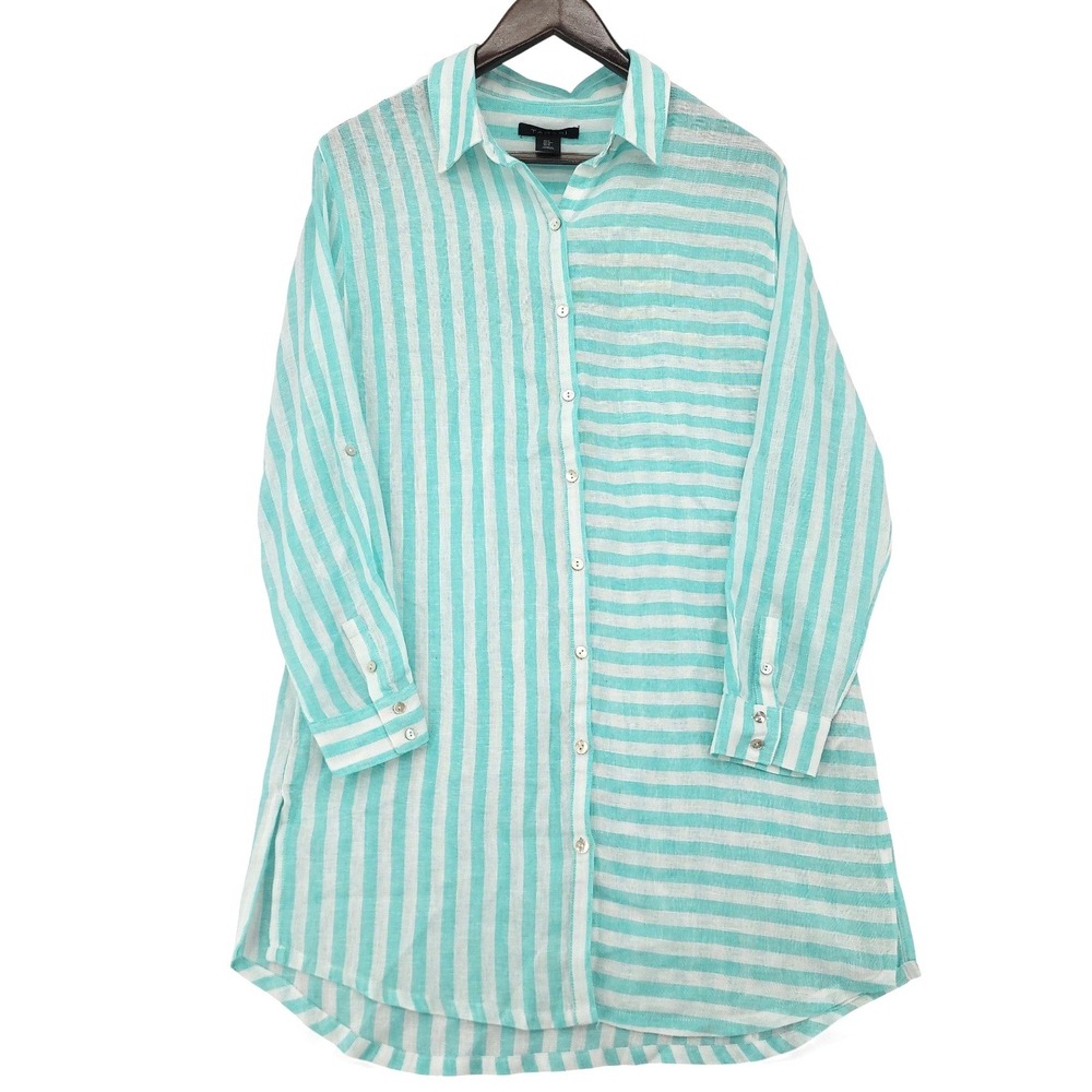 Tahari Linen Blend Tunic Shirt M Teal White Stripe Button‎ Front Long Sleeve EUC